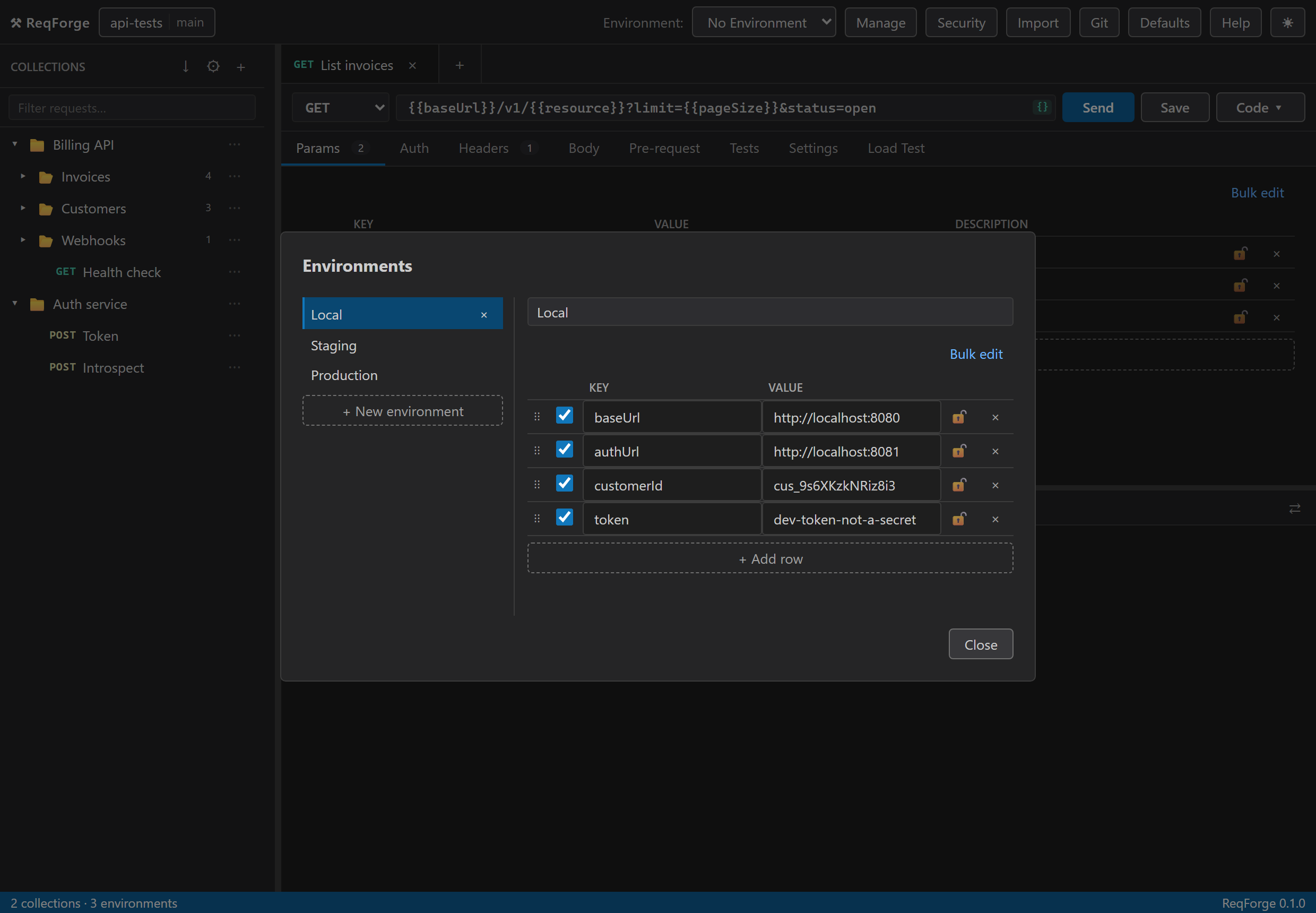 The environments dialog with Local, Staging and Production, and the Local variables listed.