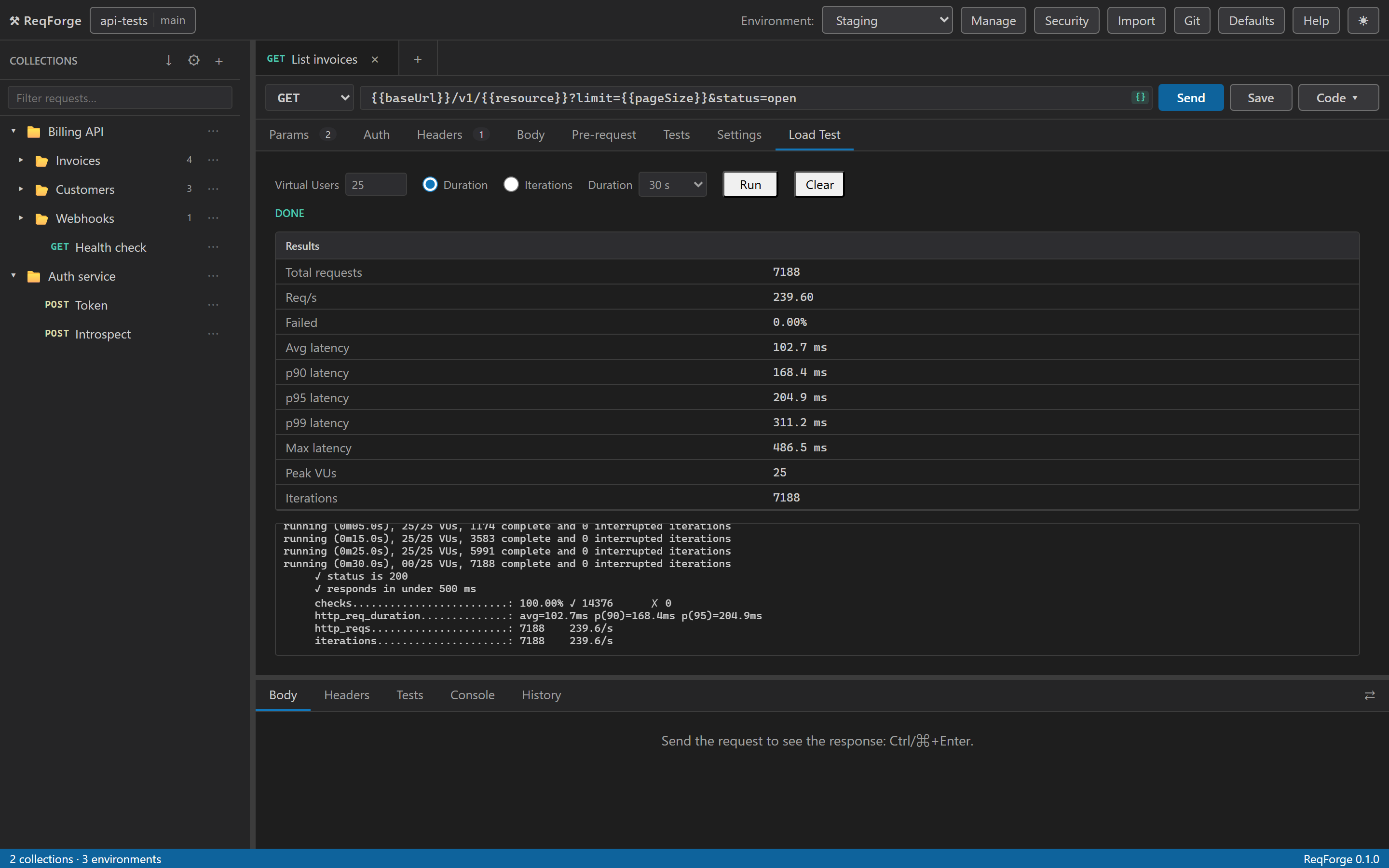 The Load Test tab after a run: a results table with latency percentiles and throughput, above k6's streamed console output.