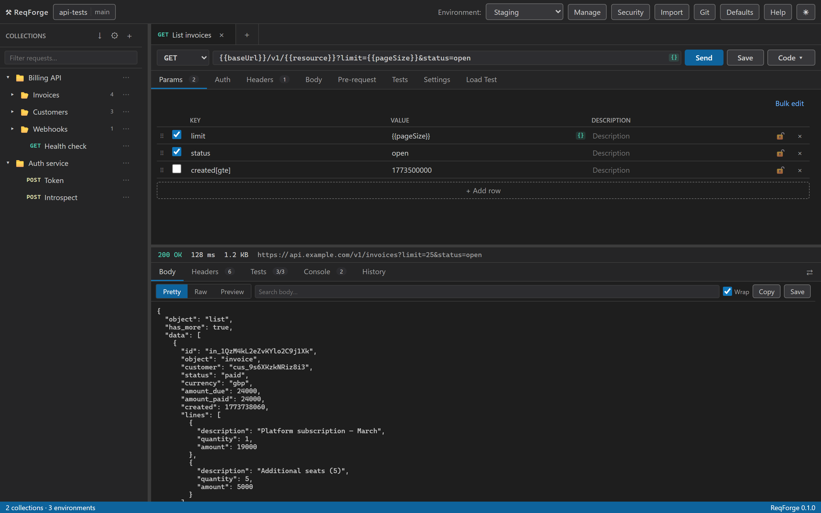 The ReqForge window: collections on the left, a GET request with query parameters, and a JSON response with status, timing and size.