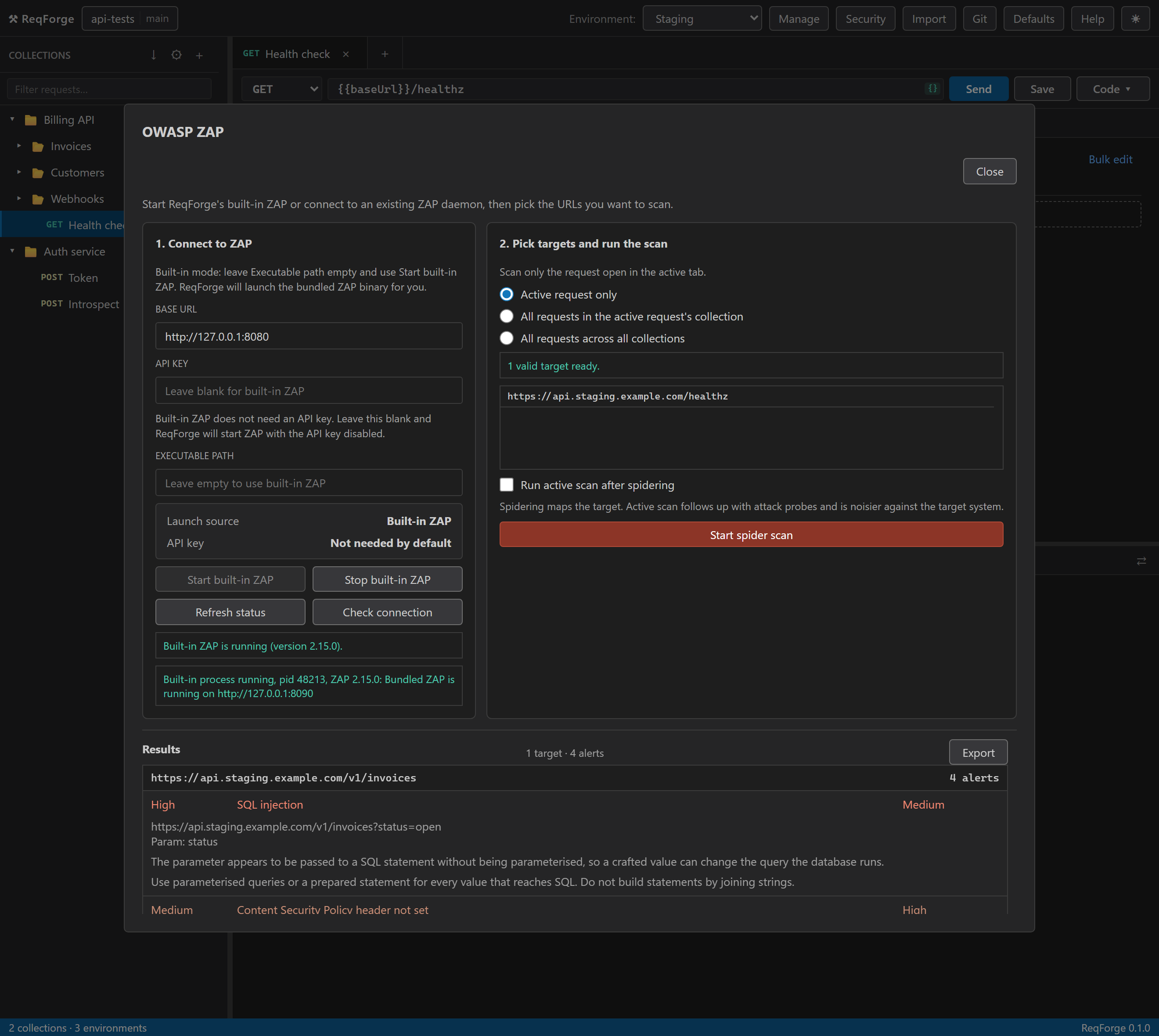 The OWASP ZAP dialog: connection settings, target selection, and a findings list with a high-risk SQL injection alert expanded.