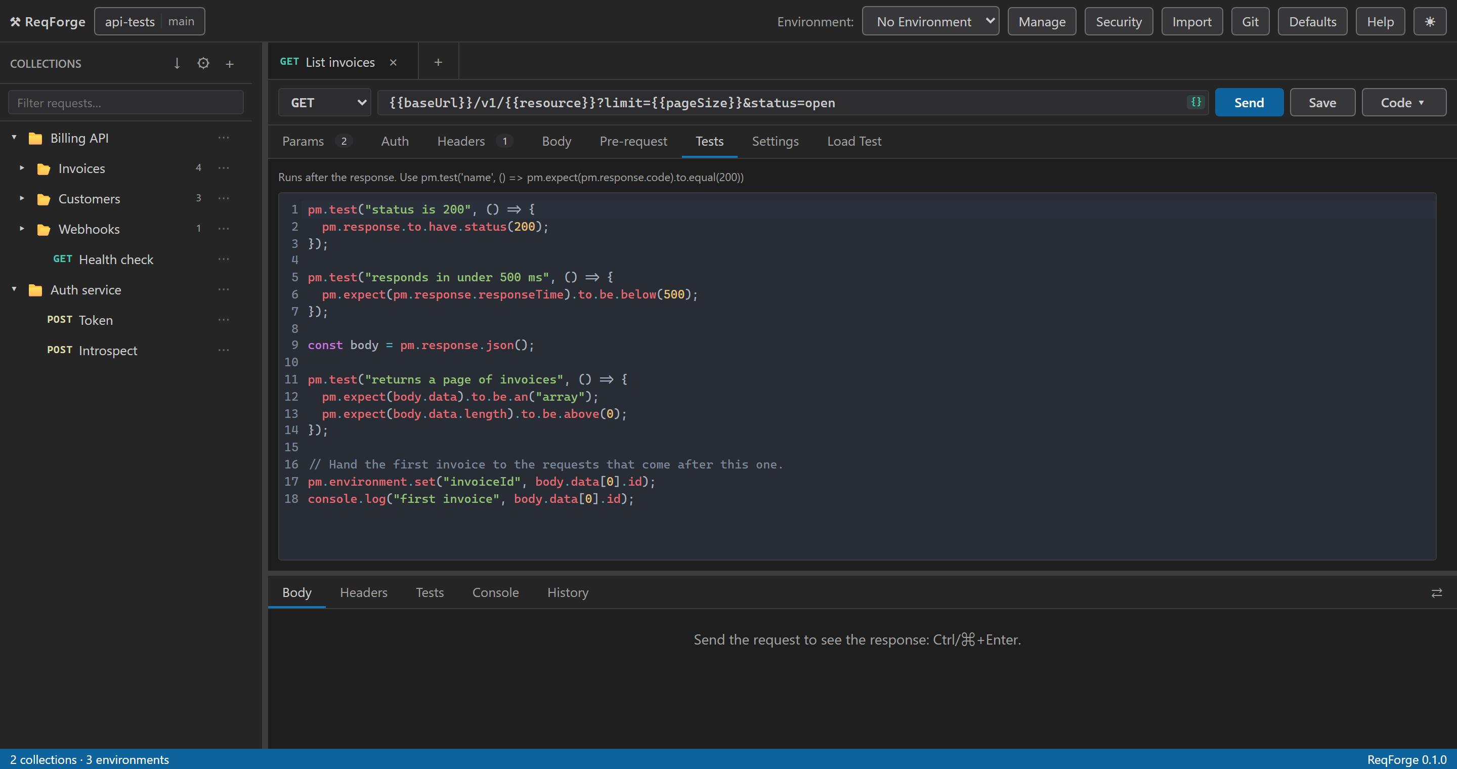 The Tests tab of a request, showing a JavaScript test script with pm.test assertions and syntax highlighting.