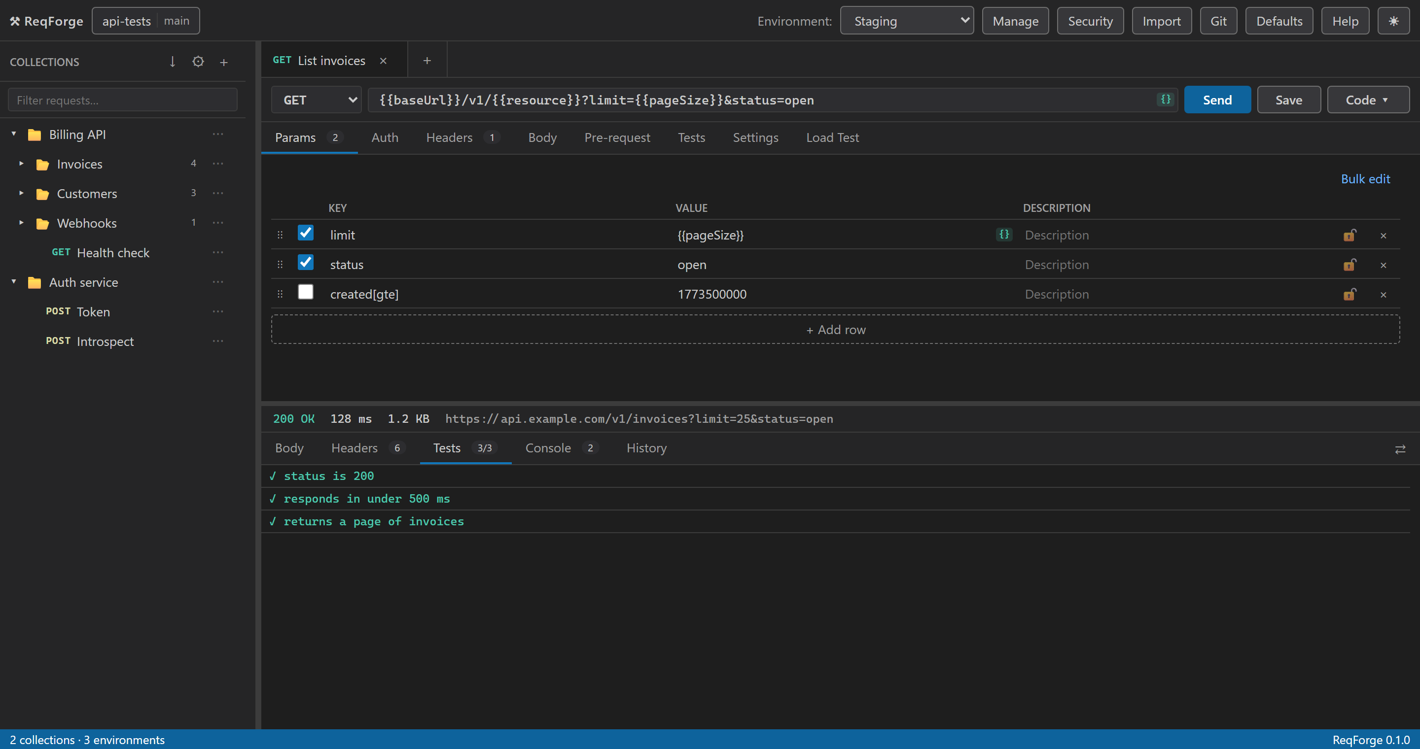The response panel's Tests tab, listing three passing assertions.