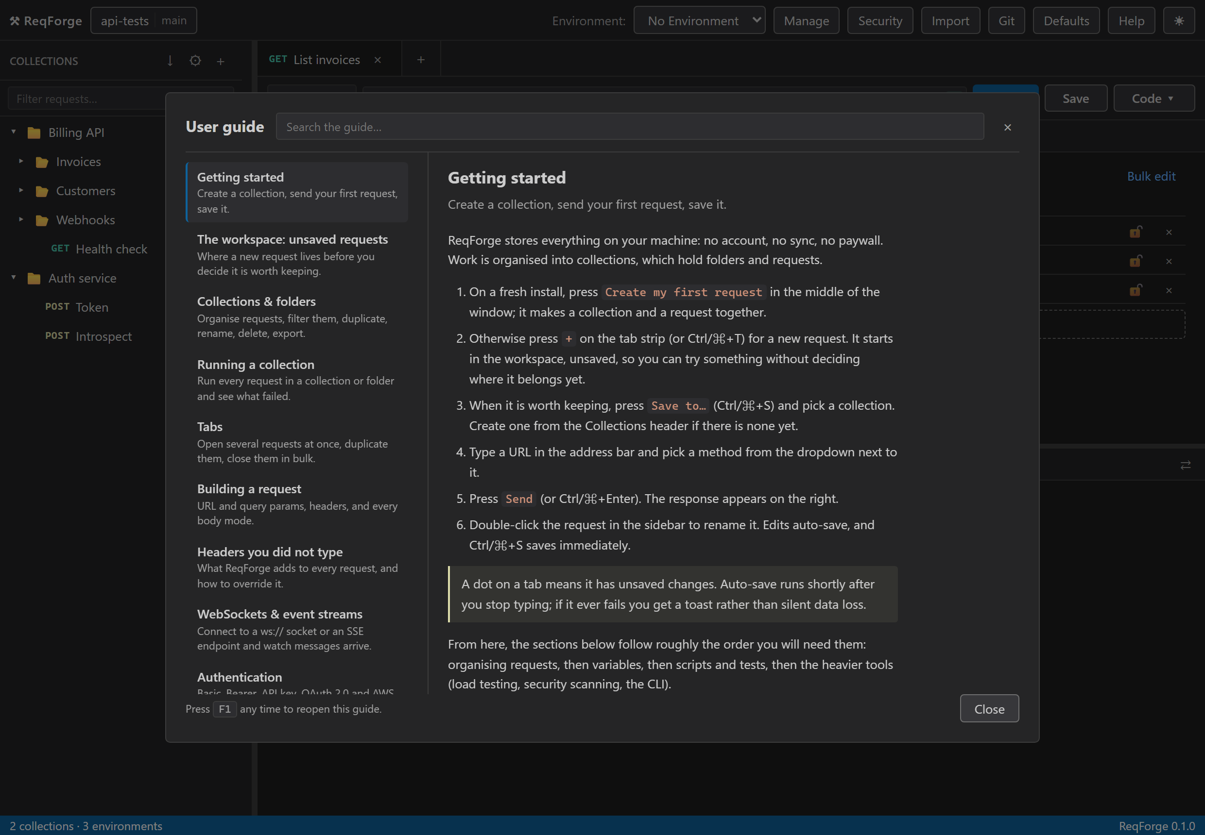 The in-app user guide open at Getting started, with a searchable list of sections.