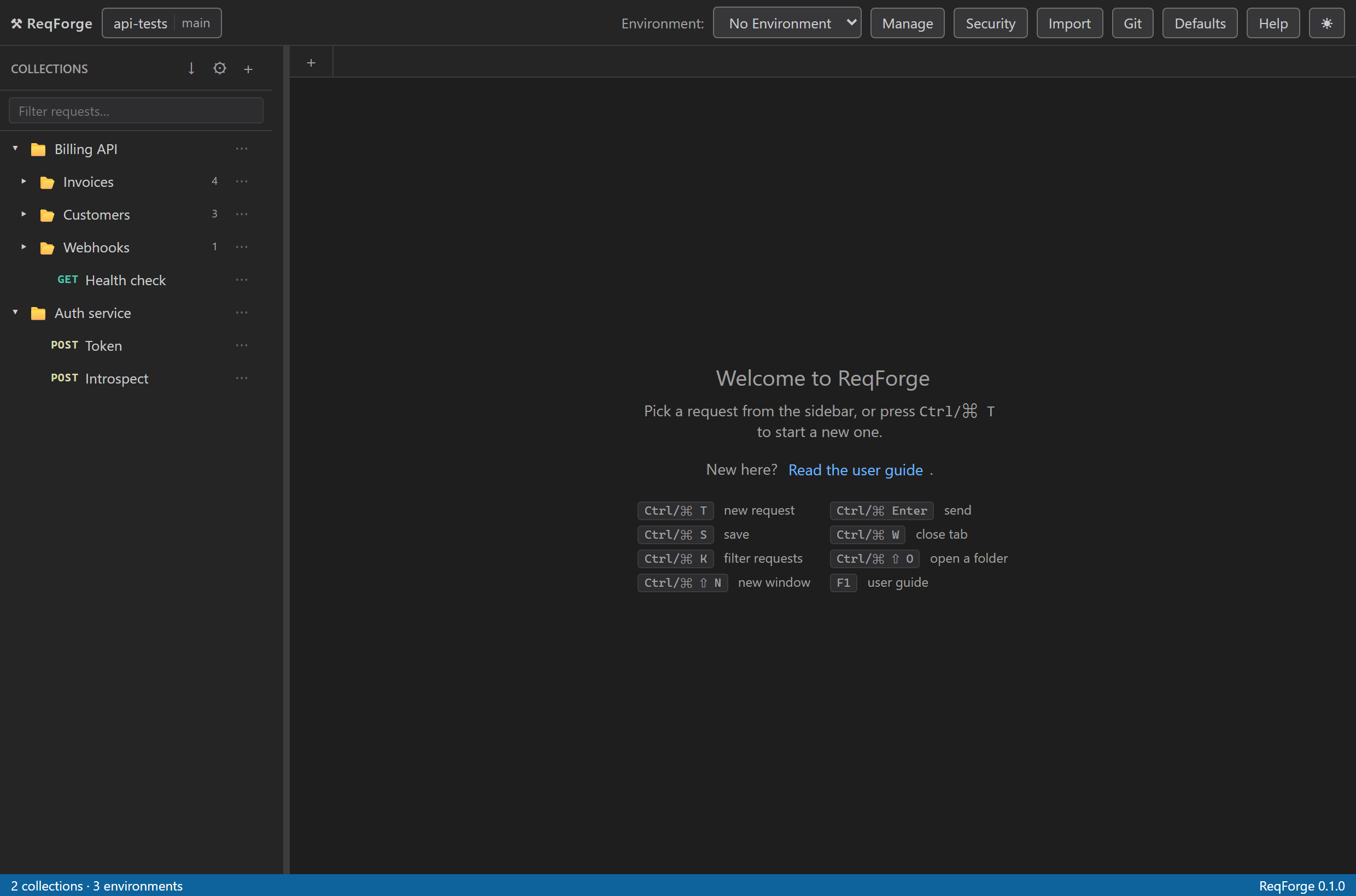 A fresh ReqForge window with no request open, listing the top-level keyboard shortcuts.