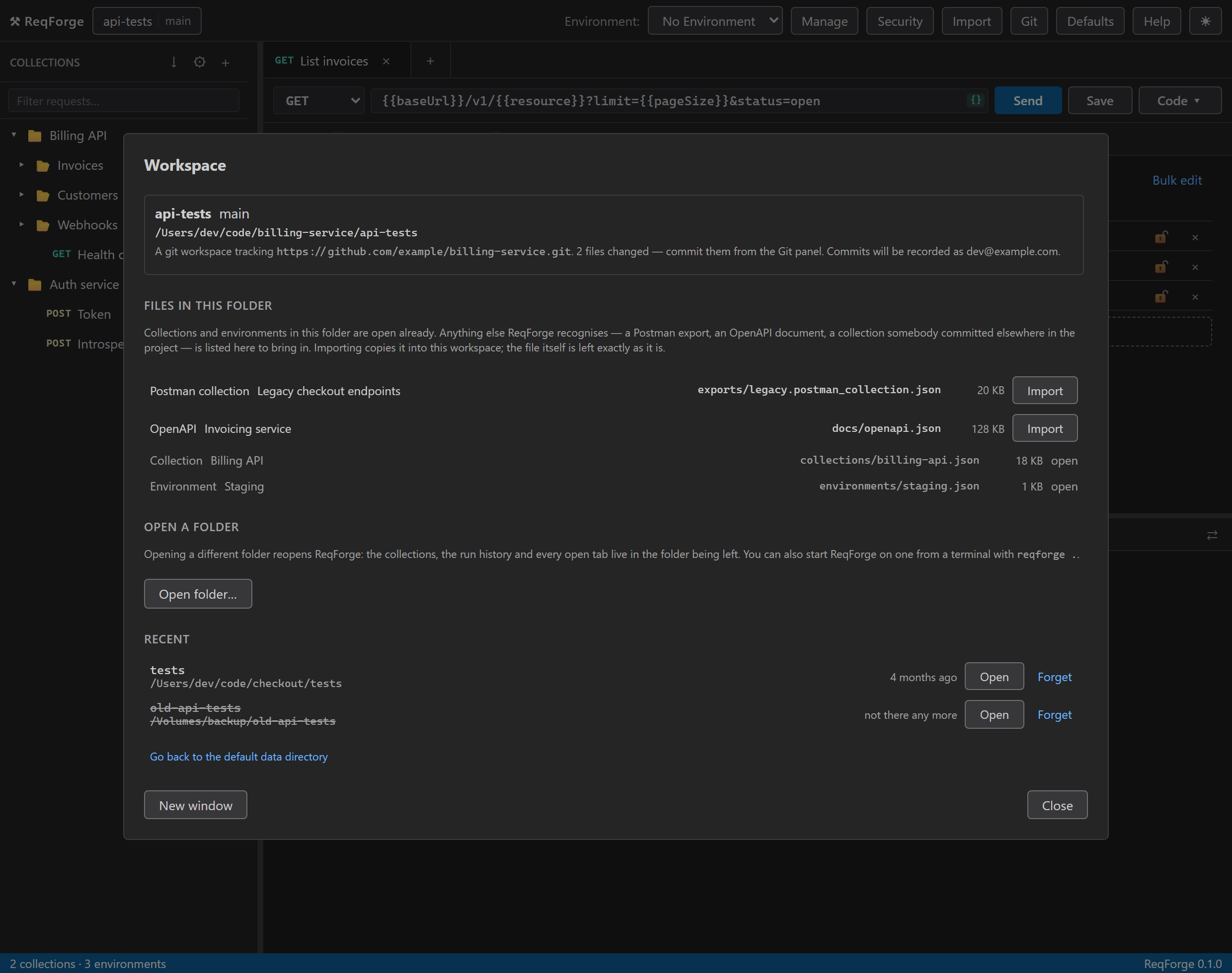 The workspace dialog: the current folder with its git branch and remote, the API files found in it, and a list of recent folders.